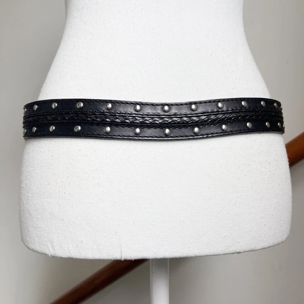 Vintage Black Leather Studded Distressed Boho Biker Belt Braided Michael Kors - Picture 10 of 12
